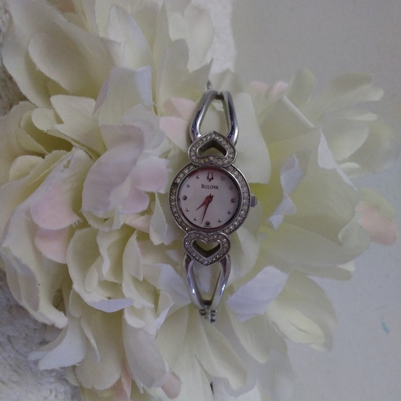 EUC Women's Stainless Steel Rhinestone Heart Designed Bulova Watch - Picture 2 of 15